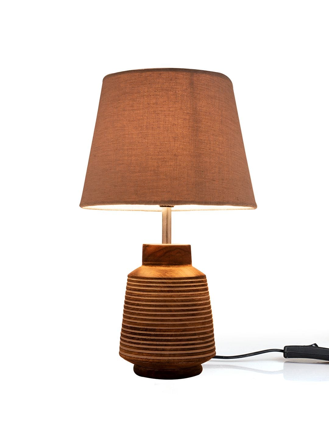 Rustic Ridged Wooden Lamp with Samre Grey Shade