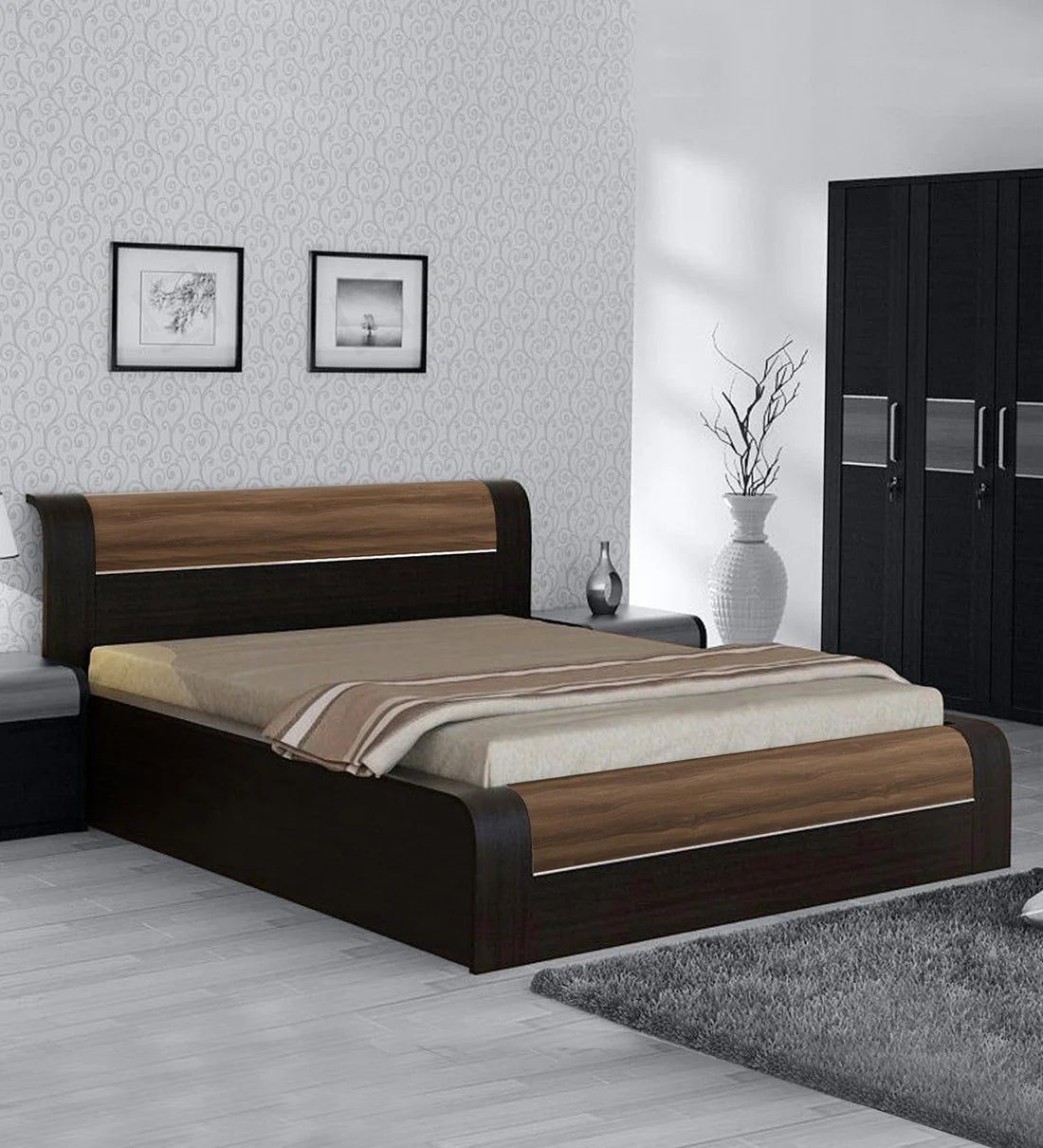 King Size Bed in Natural Wenge Woodpore Finish with Hydraulic Storage