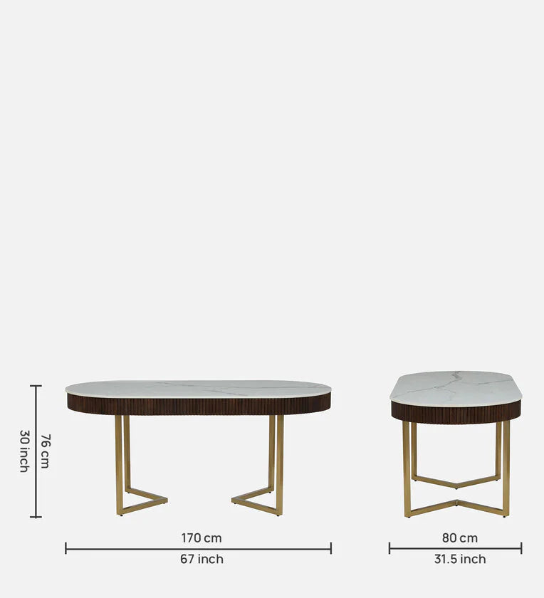 Metal 6 Seater Dining Set In Brass Electroplating Finish With White Porcelain Top