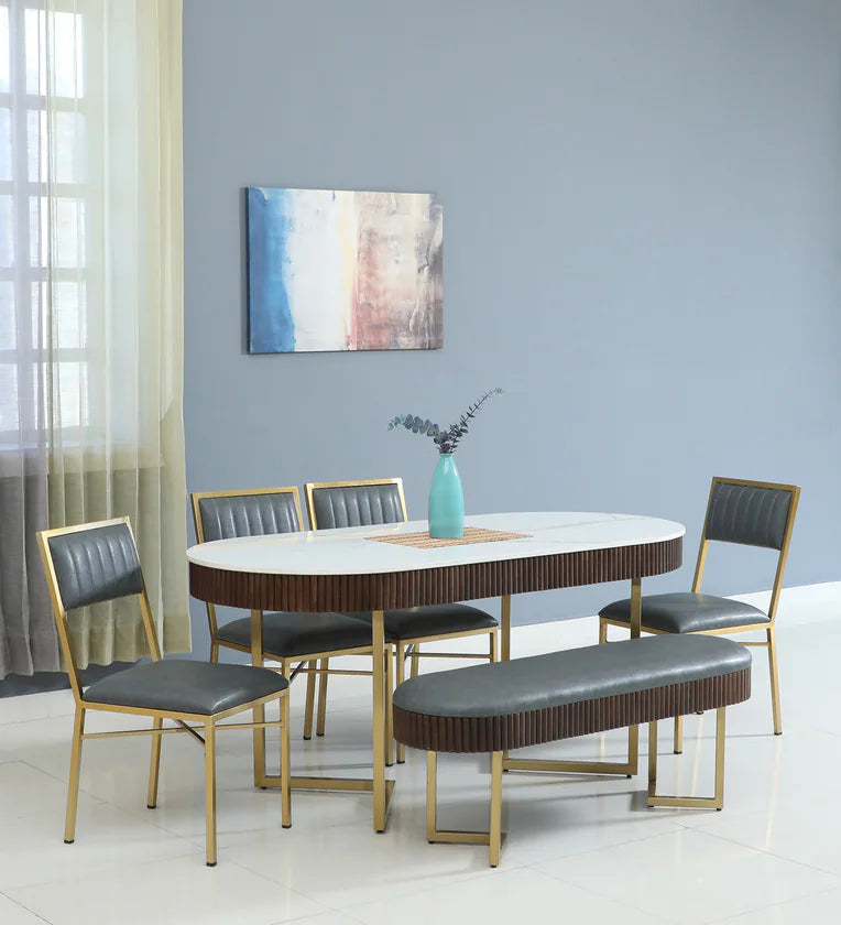 Metal 6 Seater Dining Set In Brass Electroplating Finish With White Porcelain Top