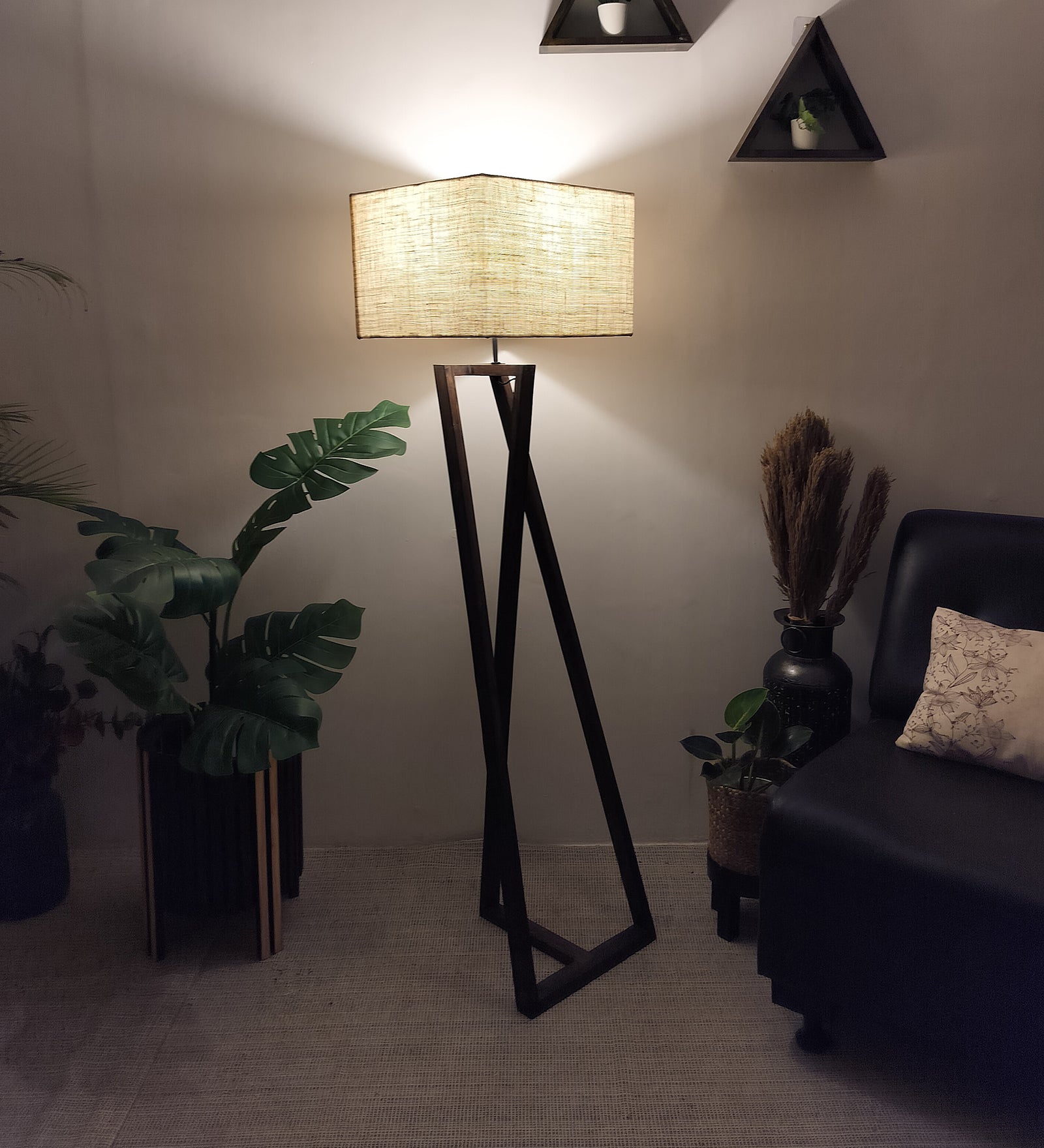 Catapult Wooden Floor Lamp with Brown Base Premium Beige Fabric Lampshade (BULB NOT INCLUDED)