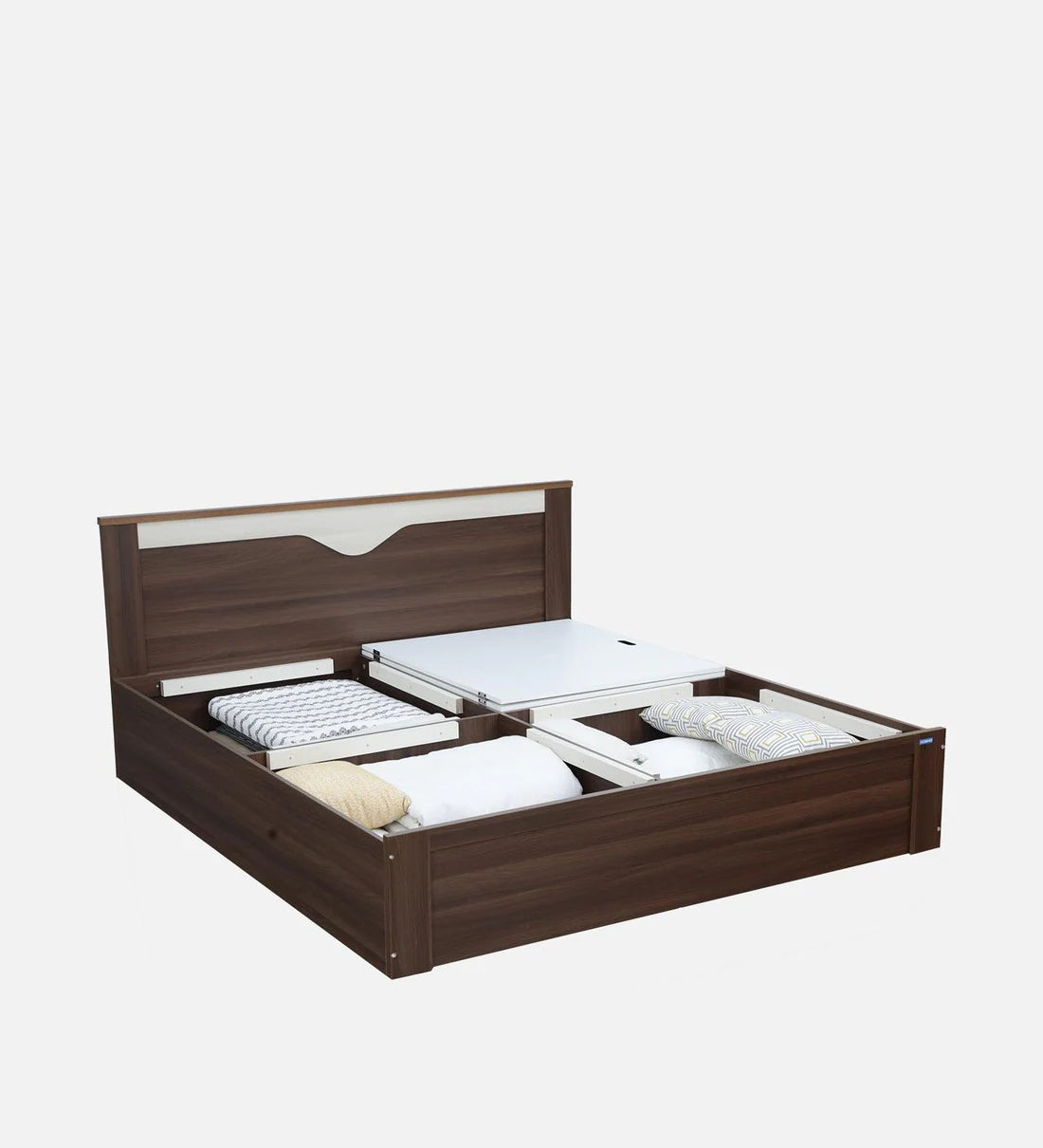 Crescent King Size Bed in Dark Acacia Finish with Box Storage