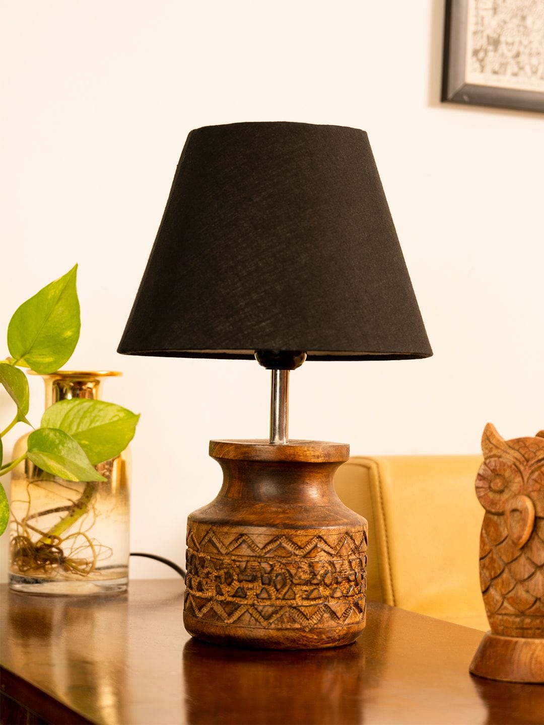 Wooden Carved Lamp with Taper Cotton Black Shade