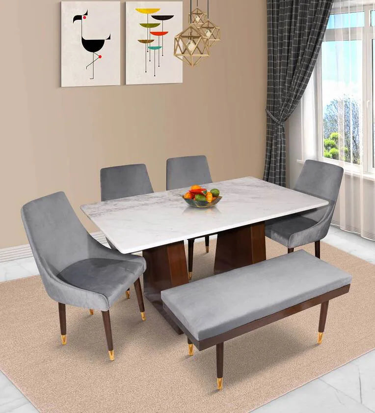 Marble Top 6 Seater Dining Set in Teak Wood with Bench