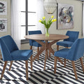 5-Piece Round Walnut Dining Set with Blue Upholstered Chairs – Solid Wood Space-Saving Design