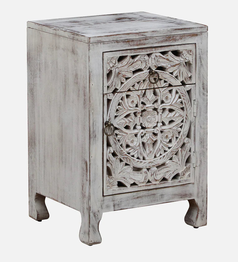 Solid Wood Bedside Table In White Distress Finish