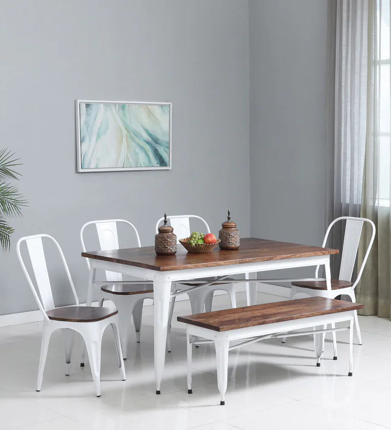Metal 6 Seater Dining Set In Scratch Resistant White Colour With Bench
