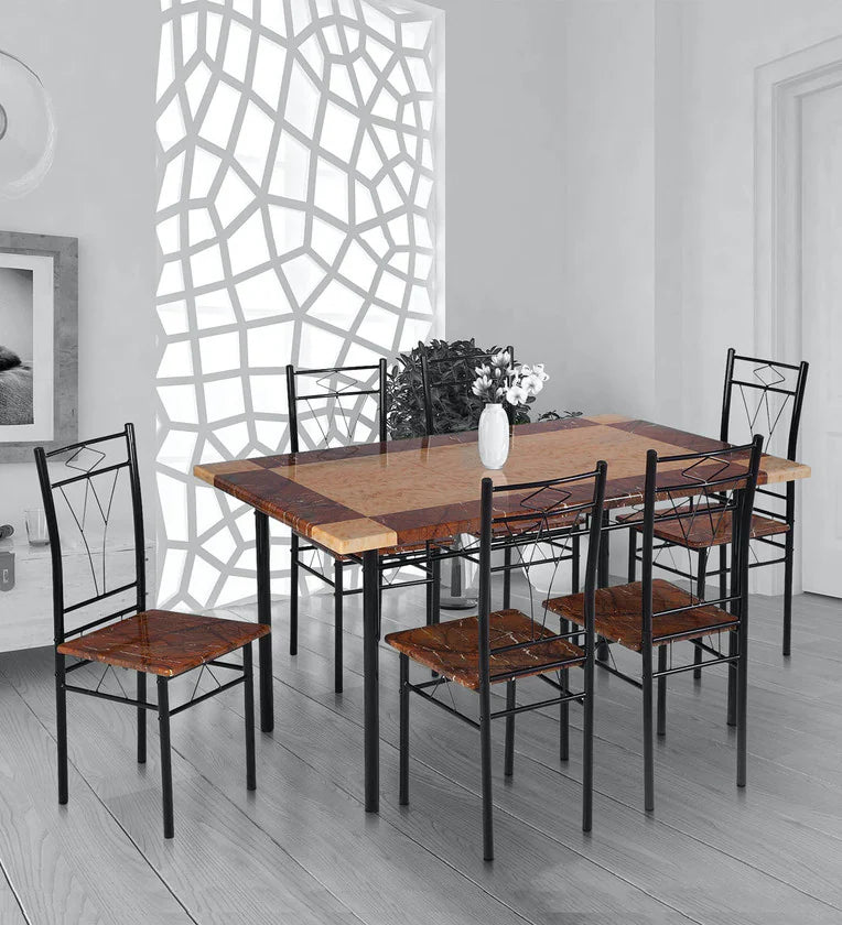 Metal 6 Seater Dining Set in Marble Finish