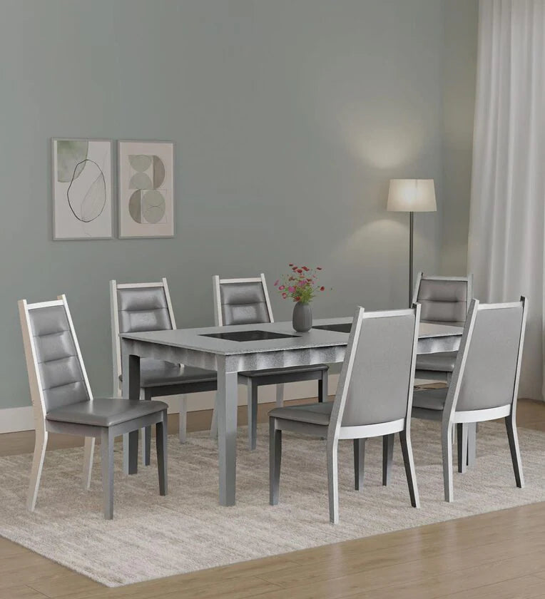 Solid Wood 6 Seater Dining Set In Metallic Silver Finish