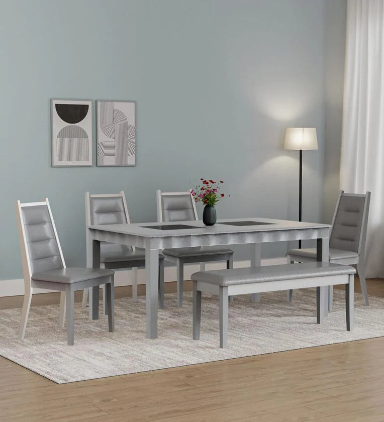 Solid Wood 6 Seater Dining Set In Metallic Silver Finish With Bench