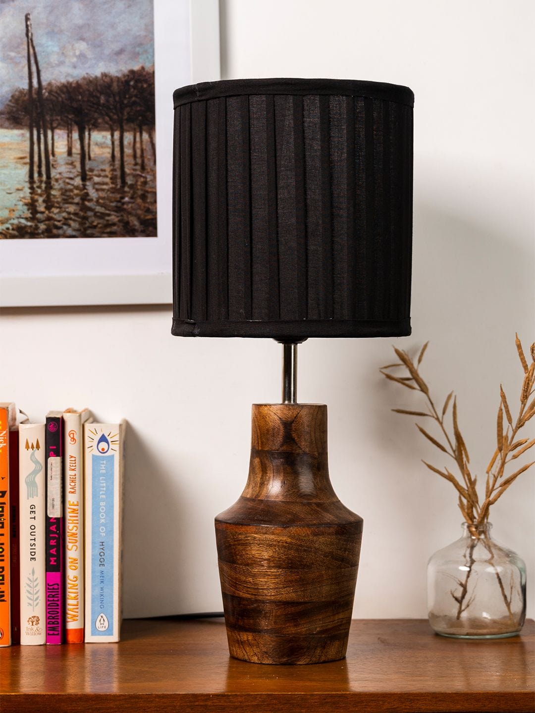 Wooden Firkin Lamp with Pleeted Cotton Black Shade