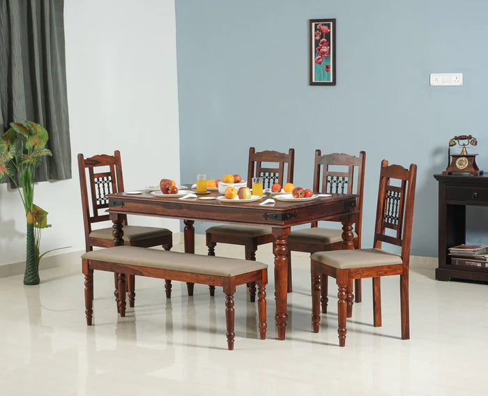 Amélie Sheesham Wood 6 Seater Dining Table Set with 4 Chair & 1 Bench for Dining Room