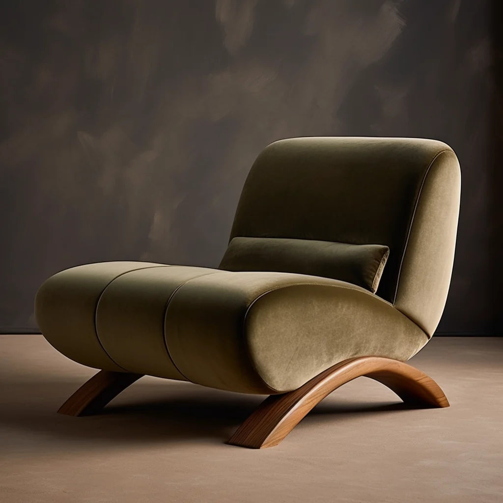 Modern Olive Green Velvet Accent Chair with Curved Wooden Base | Ouch Cart