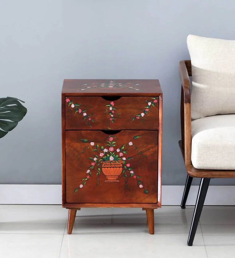 Solid Wood Bedside Table In Hand-Painted Multicolour With Premium Gloss finish