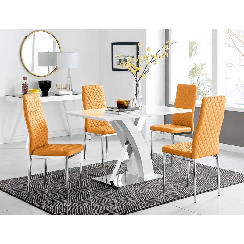 White High Gloss Dining Table Set with 4 Luxury Faux Leather Dining Chairs