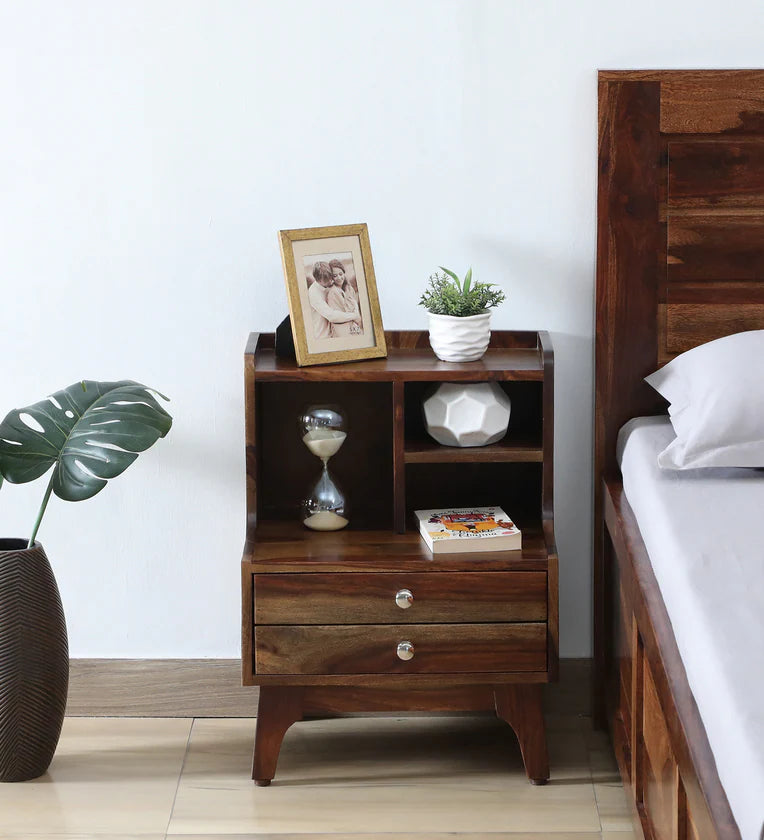 Sheesham Wood Bedside Table In Provincial Teak Finish With Drawers & Shelve