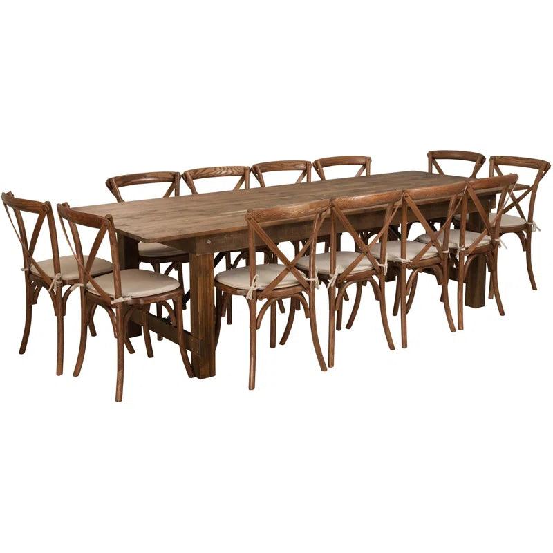 9' x 40" Rustic Folding Farm Table Set with 12 Cross Back Chairs and Cushions - Ouch Cart 