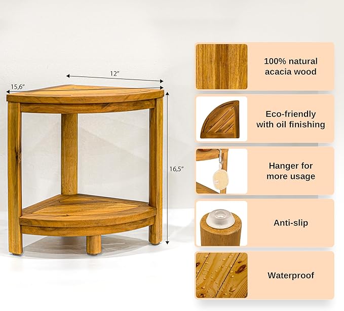 Teak Color Natural Solid Acacia Wood Corner Shower -Stool 12" x 12" x 17.2" - for Shower Corner, Shaving Legs, Guest Room