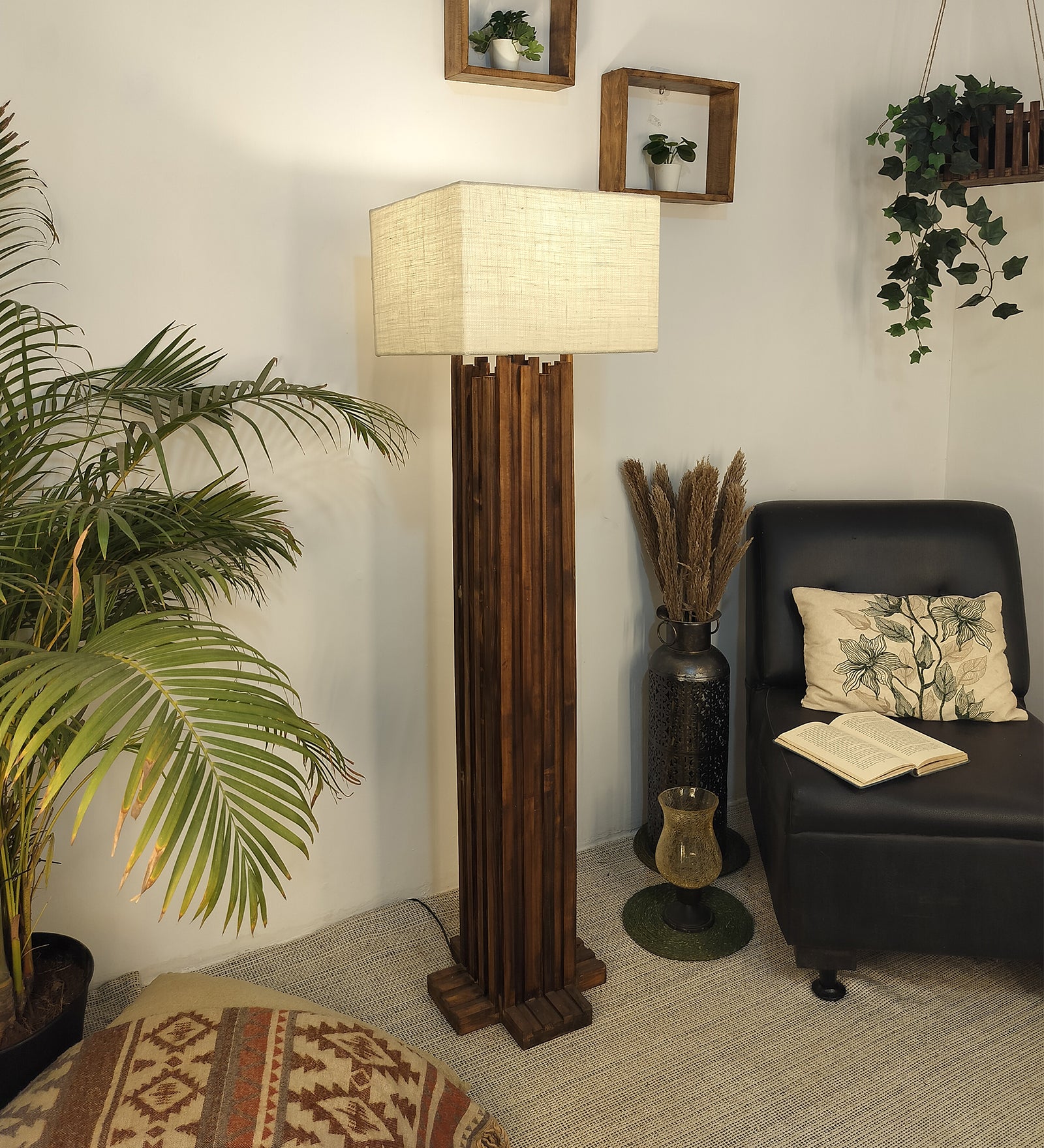 Palisade Wooden Floor Lamp with Premium Beige Fabric Lampshade (BULB NOT INCLUDED)