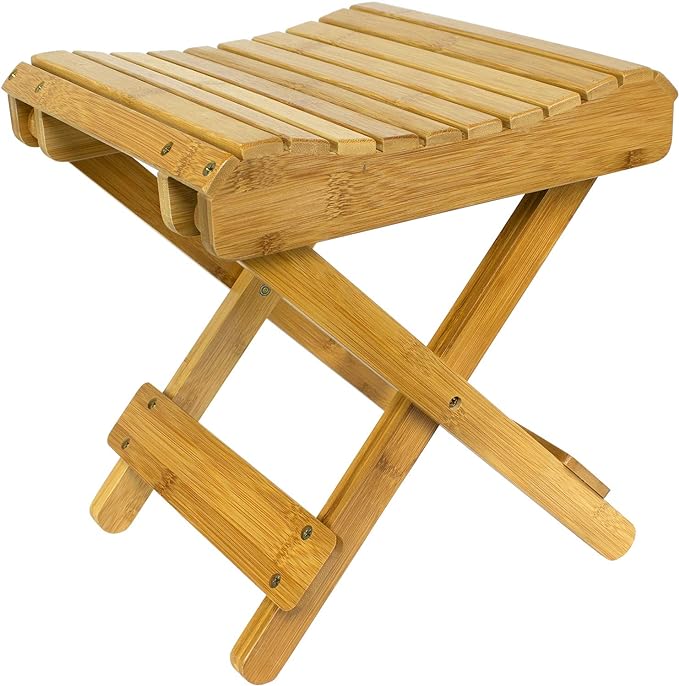 Folding Step Stool Bench - for Shaving, Shower Foot Rest, Bath Chair - Great for Bathroom, Spa, Sauna, Wooden Seat, Fully Assembled - 11.75" D x 12.25" W x 13.75" H