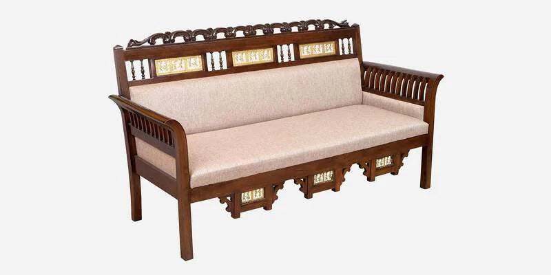 Solid Wood 3 Seater Sofa in Beige & Walnut Colour