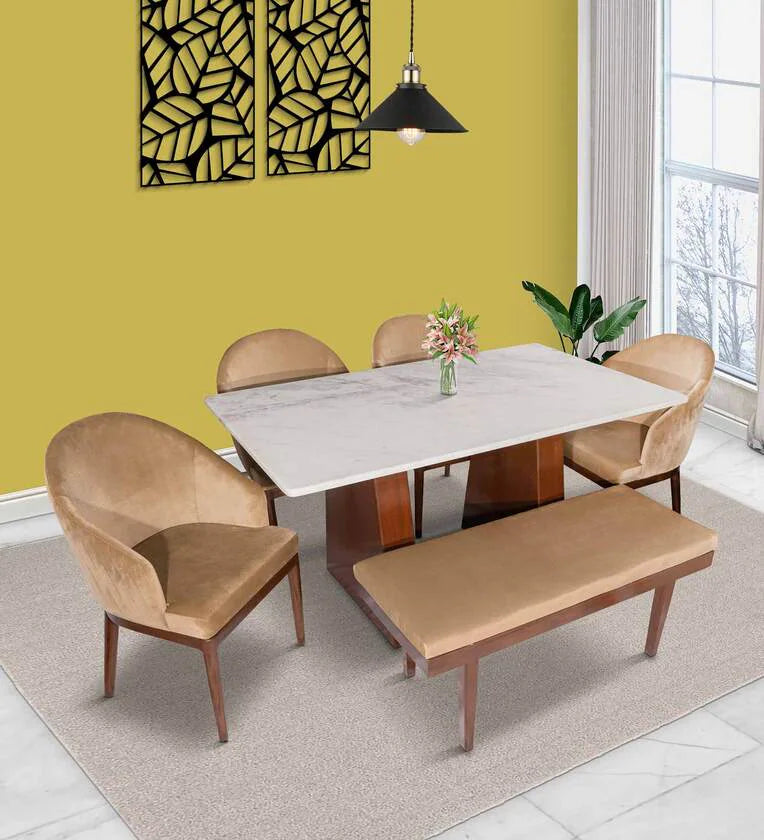 Solid Wood 6 Seater Dining Set in Beige Finish with Bench