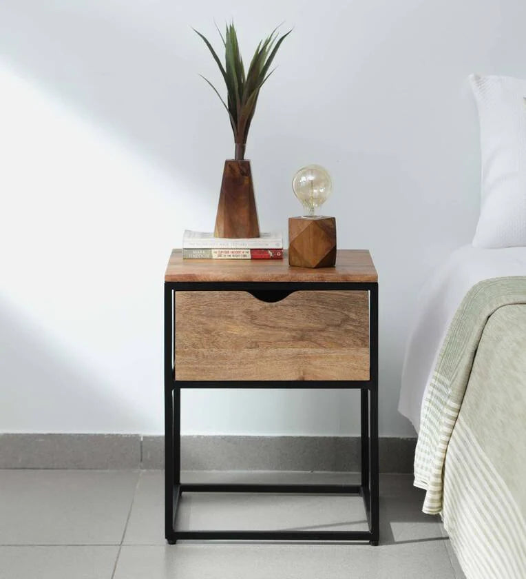 Metal Bedside Table In Natural Finish With Drawer