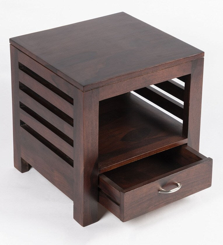 Sheesham Wood Bedside Table in Walnut Finish with Drawer