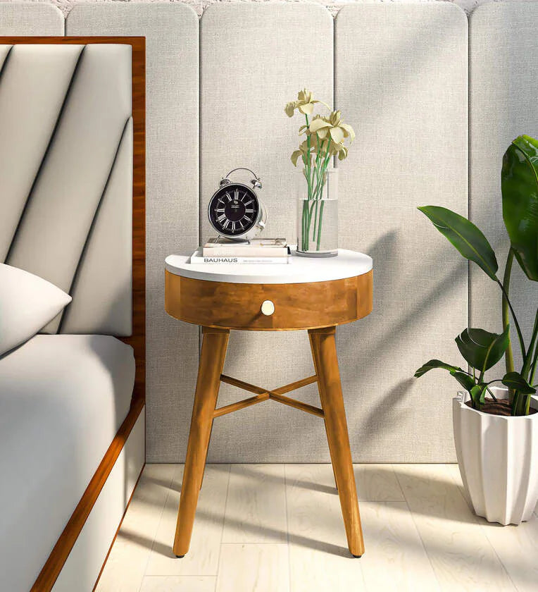 Sheesham Wood Bedside Table in Scratch Resistant Rustic Teak Finish With Drawer