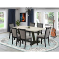 7 Piece Table Set - A Dinner Table and 6 Linen Fabric Parson Chairs - Wire Brushed Black Finish