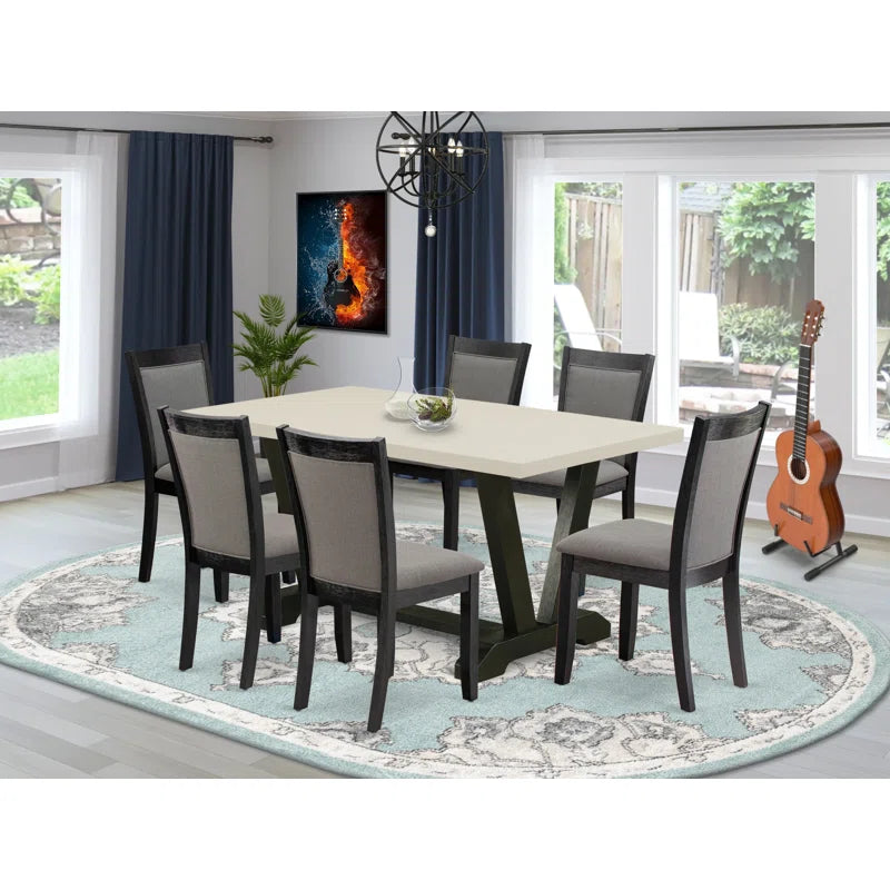 7 Piece Table Set - A Dinner Table and 6 Linen Fabric Parson Chairs - Wire Brushed Black Finish
