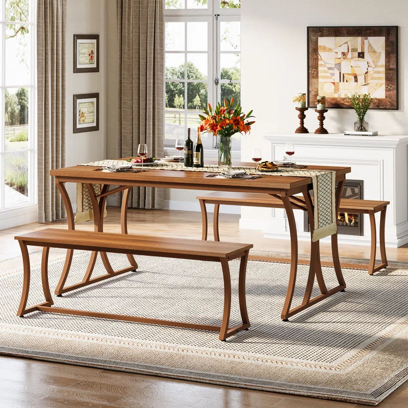 Table Set with 2 Benches and Table Runner for 4-6 People (Set of 3)