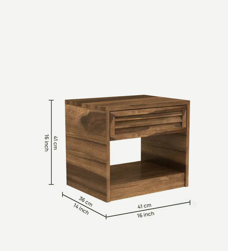 Sheesham Wood Bedside Table In Rustic Teak Finish With Drawer