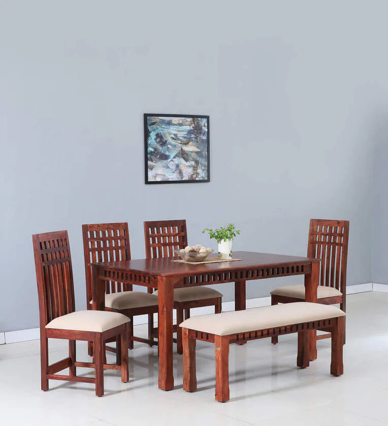 Sheesham Wood 6 Seater Dining Set In Scratch Resistant Honey Oak Finish With Bench