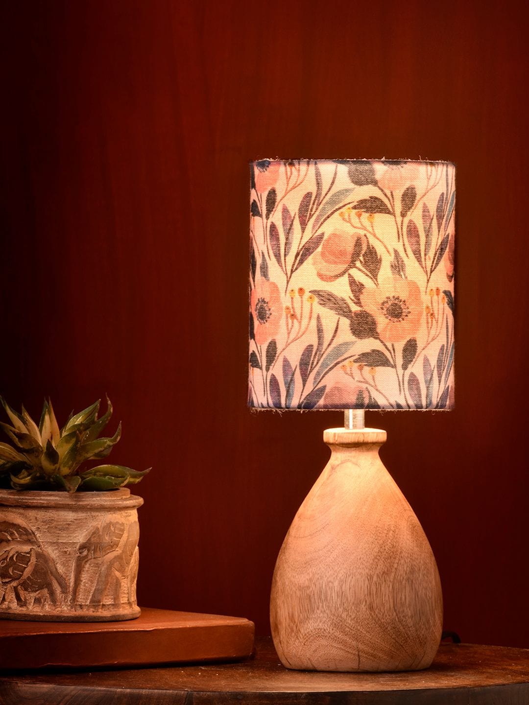 Wooden Dome Table Lamp Pink Floral Shade
