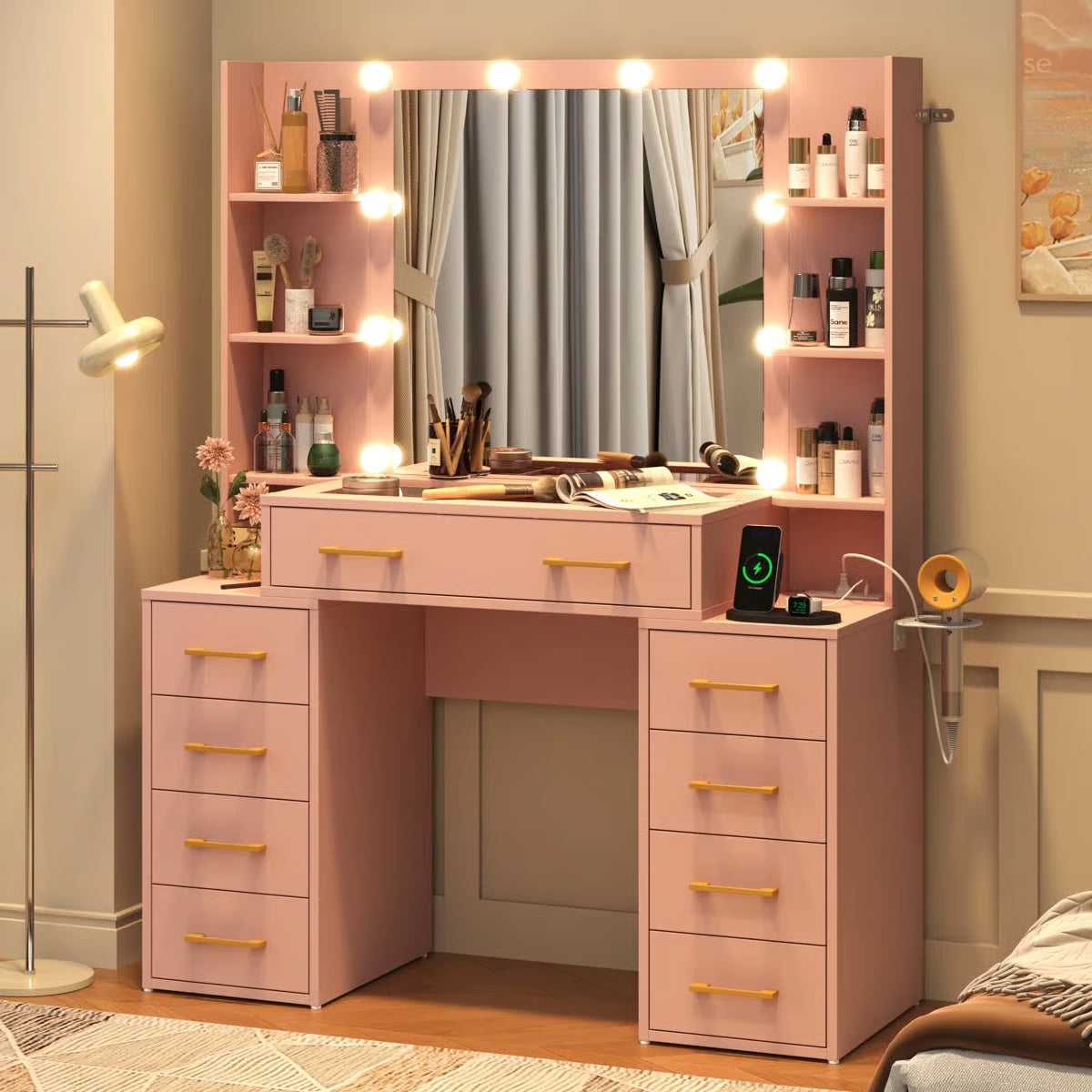 Tempered Glass Vanity Desk with LED Lights, Mirror, and Built-In Charging Station-OUCH CART |Dressing table