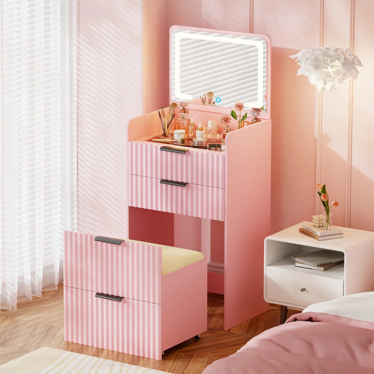Space-Saving Vanity Desk with Flip-Up LED Mirror, Glass Drawer Storage, and Hidden Stool- OUCH CART| Dressing tables 
