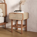 Modern Rattan Wooden Bedside Table with Cane Drawer