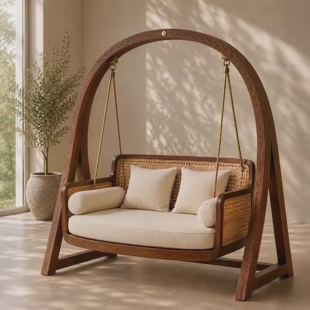 Solid Wood Wooden Swing Chair with Cane Backrest & Cream Cushions