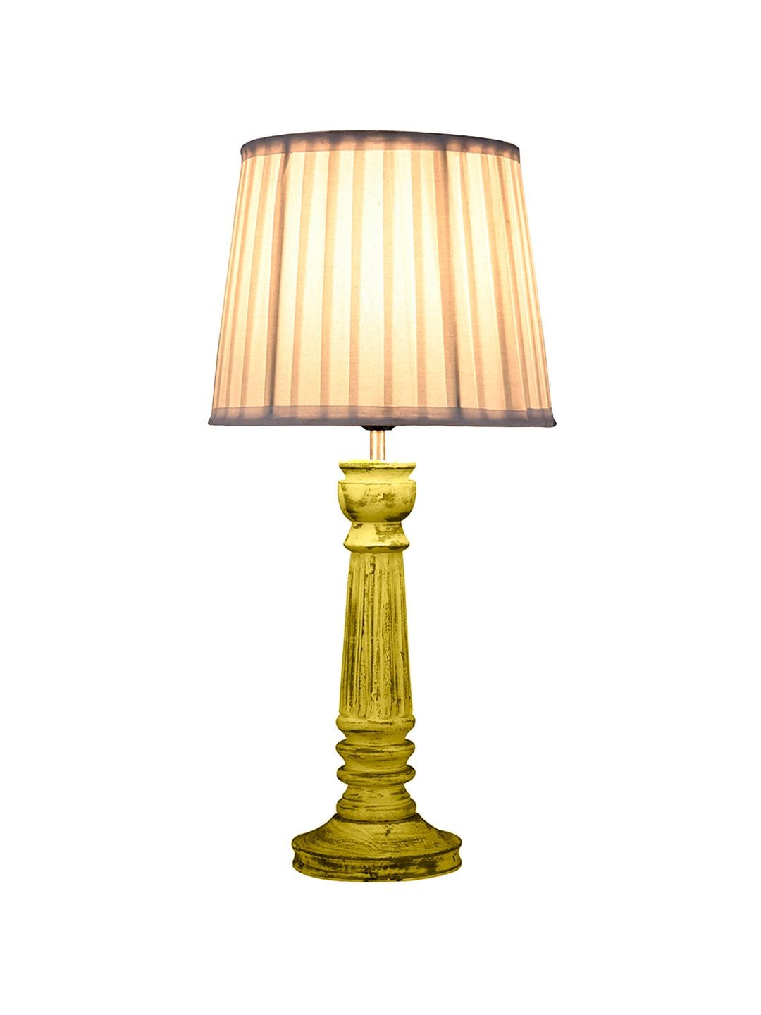 Wooden Pillar Yellow lamp with pleeted White Soft Shade