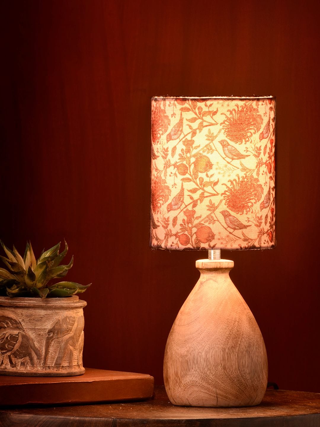 Wooden Dome Table Lamp Bird Printed Shade