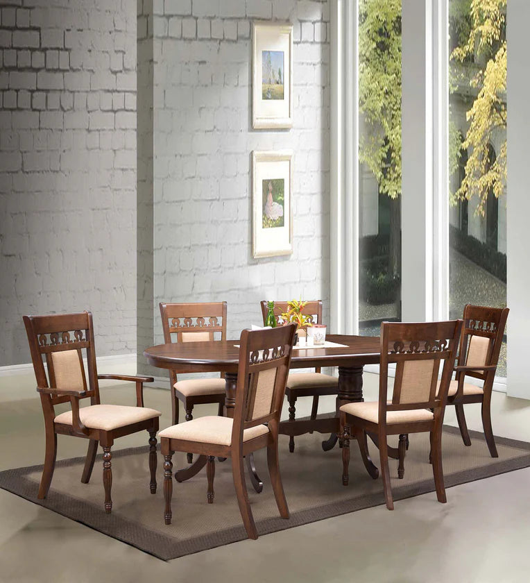 Solid Wood 6 Seater Dining Set in Brown Colour