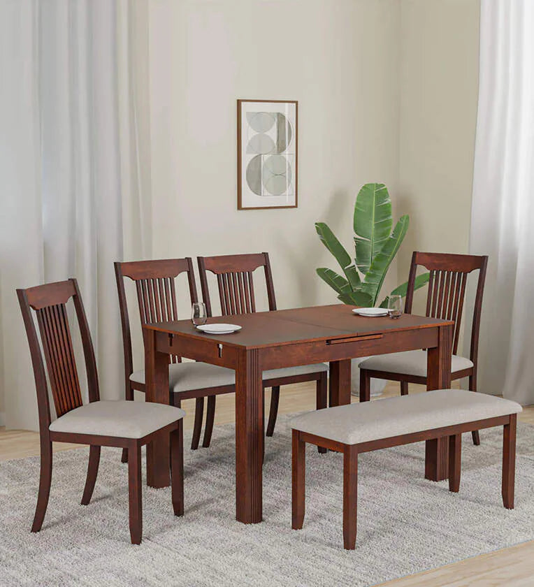 Solid Wood Extendable 6 Seater Dining Set In Brown Finish With Bench