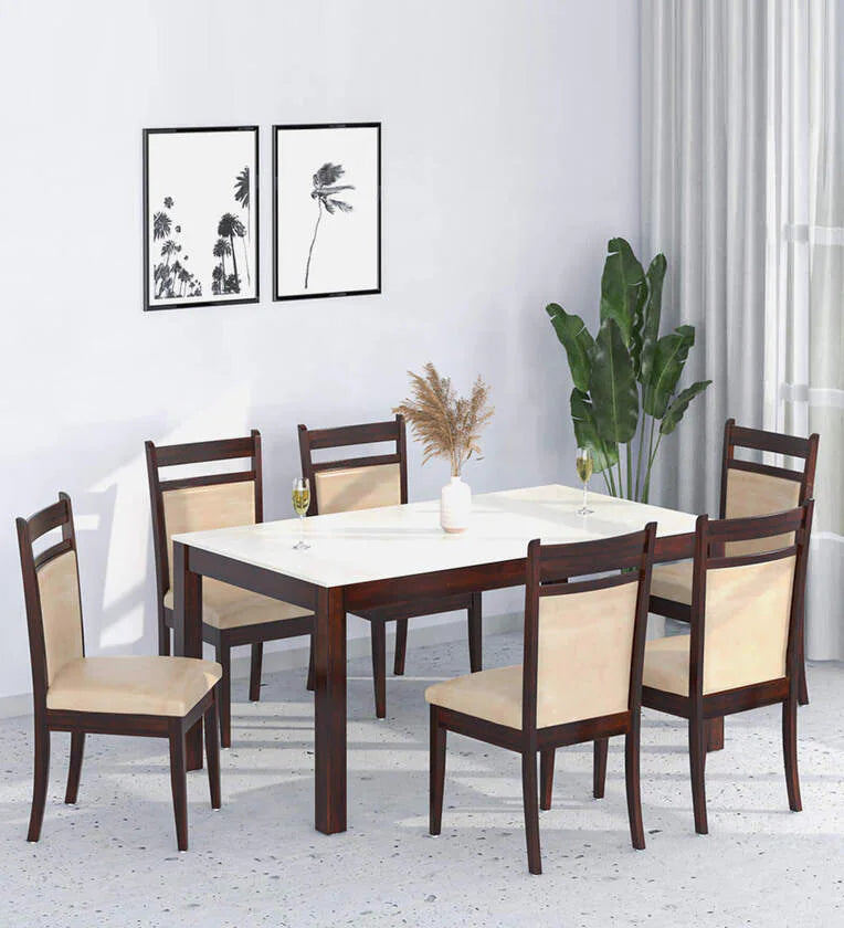 6 Seater Marble Top Dining Set In Beige Colour