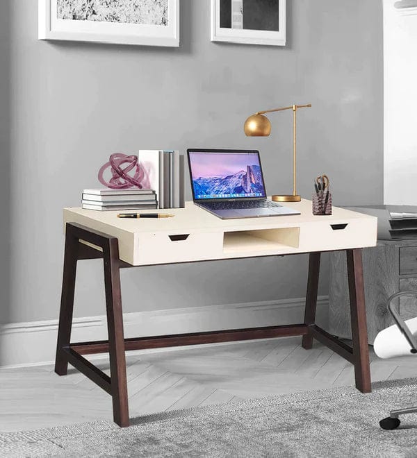 Milan Writing Table in Off White & Brown Colour