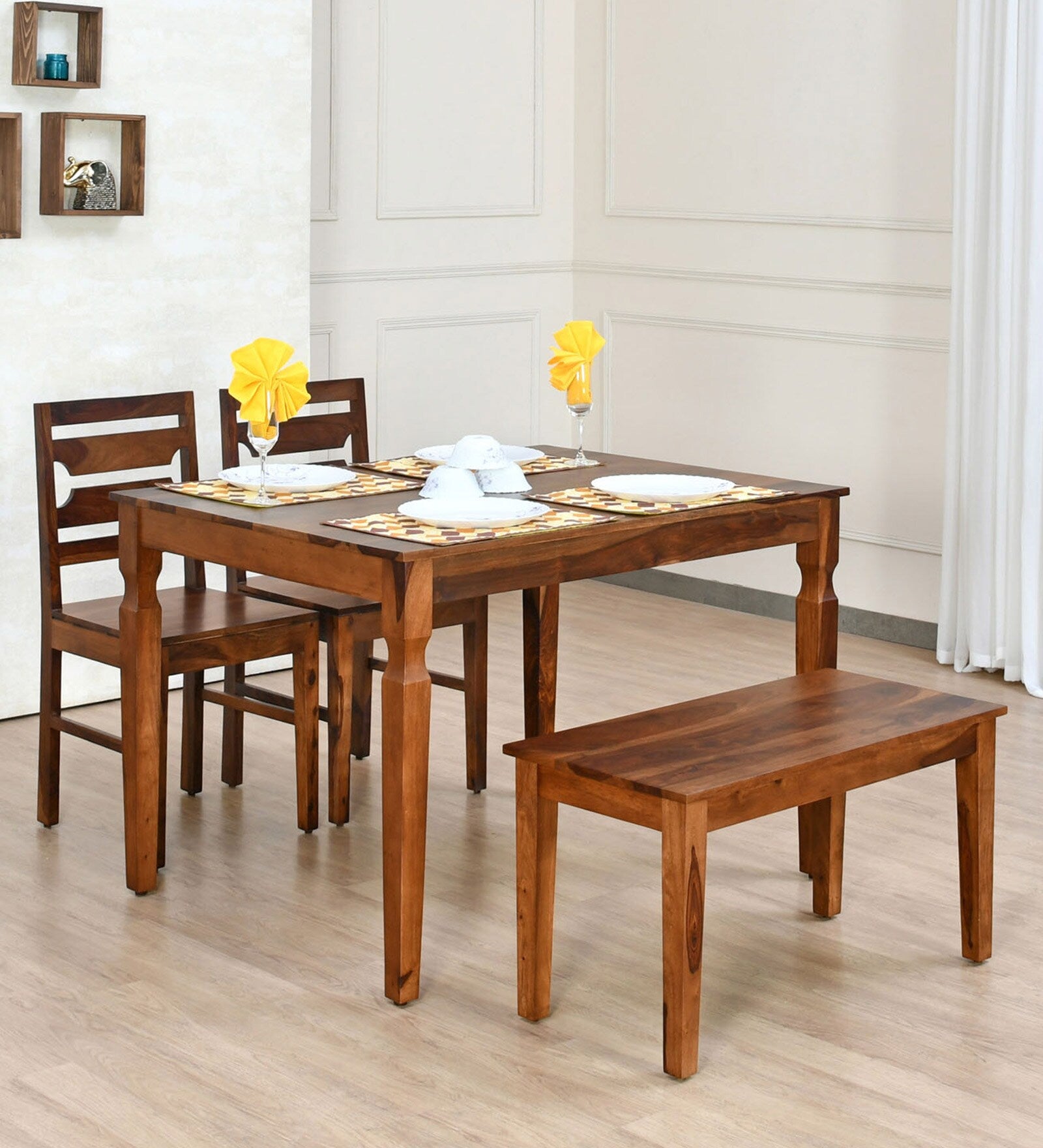 Sheesham Wood 4 Seater Dining Set in Walnut Finish with Bench
