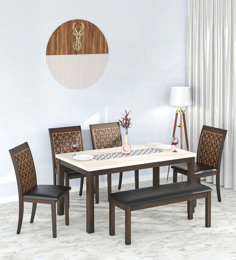 Solid Wood 6 Seater Dining Set In Walnut Finish with Bench