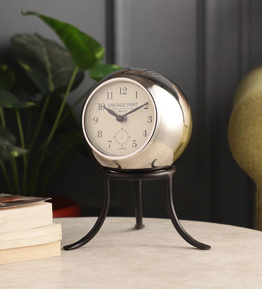Seated Sphere Silver & Black Aluminium Table Clock,