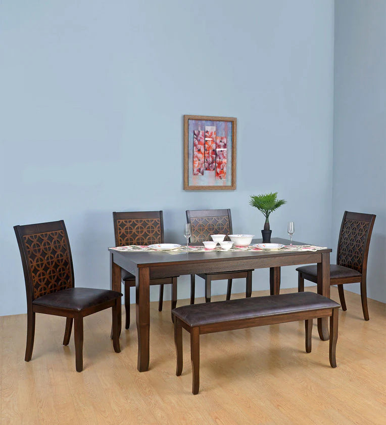 6 Seater Dining Set in Walnut Finish with Bench