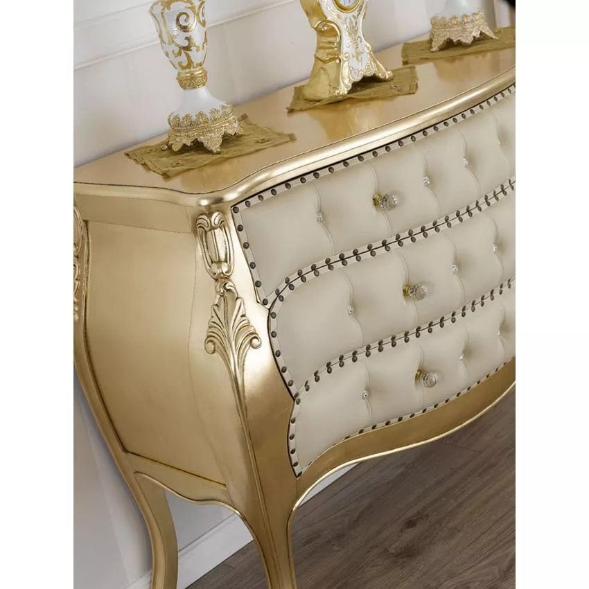 Dresser Brilliant French Baroque style chest of drawers rounded gold leaf faux leather champagne knobs buttons crystal Sw